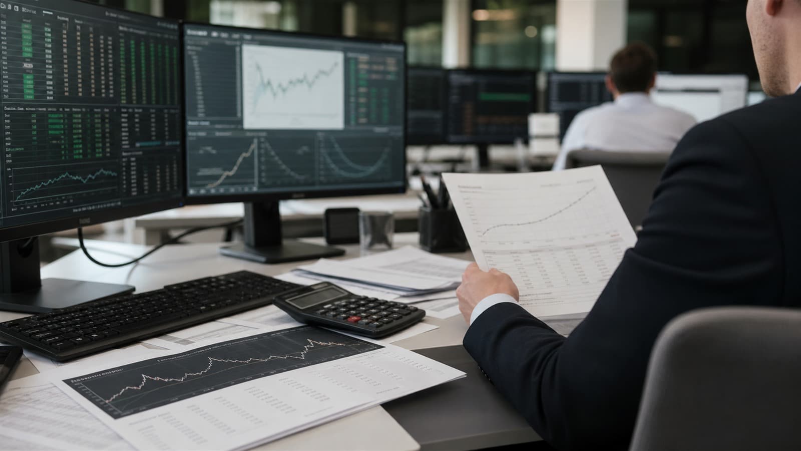 Meja fixed income dengan laporan kurva imbal hasil dan layar risiko